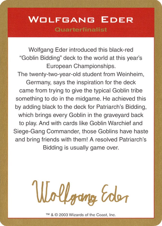 Wolfgang Eder Bio [World Championship Decks 2003] MTG Single Magic: The Gathering  | Multizone: Comics And Games