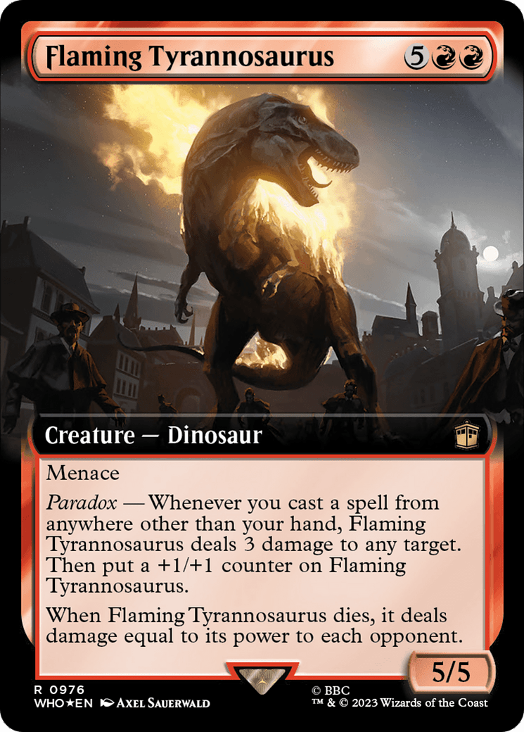 Flaming Tyrannosaurus (Extended Art) (Surge Foil) [Doctor Who] MTG Single Magic: The Gathering  | Multizone: Comics And Games