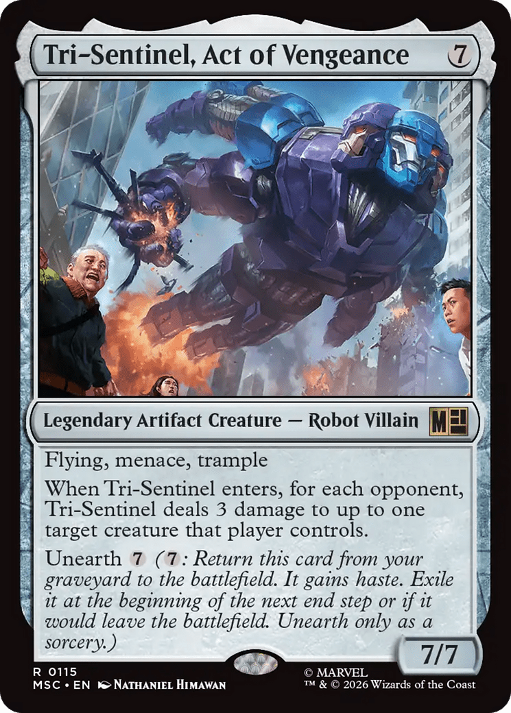Tri-Sentinel, Act of Vengeance (Surge Foil) [Marvel Super Heroes Commander] MTG Single Magic: The Gathering  | Multizone: Comics And Games