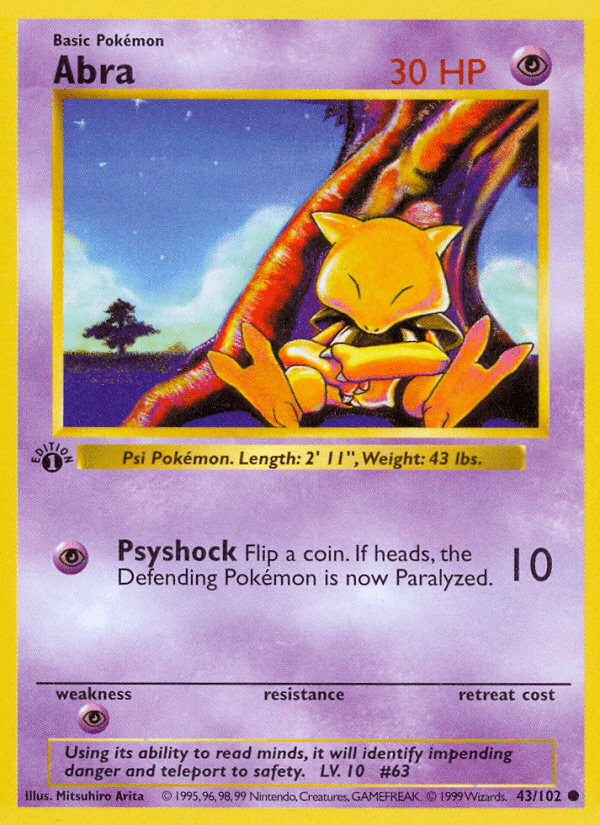 Abra (43/102) (Shadowless) [Base Set 1st Edition] Pokemon Single Pokémon  | Multizone: Comics And Games
