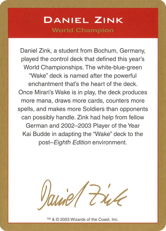 Daniel Zink Bio [World Championship Decks 2003] MTG Single Magic: The Gathering  | Multizone: Comics And Games