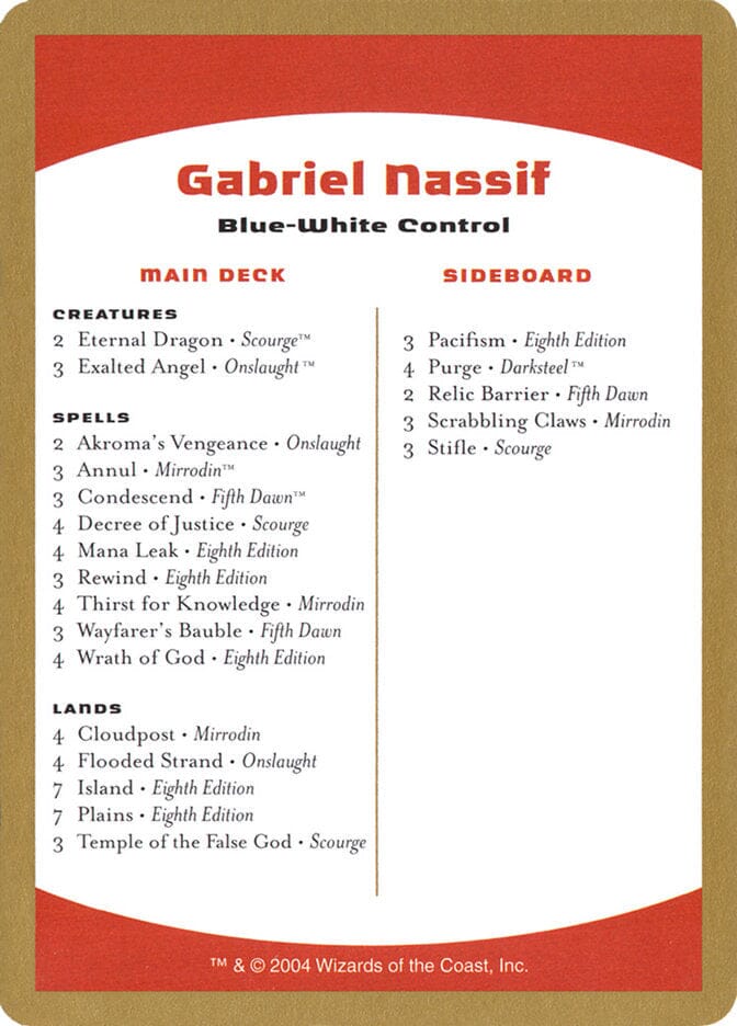 Gabriel Nassif Decklist [World Championship Decks 2004] MTG Single Magic: The Gathering  | Multizone: Comics And Games