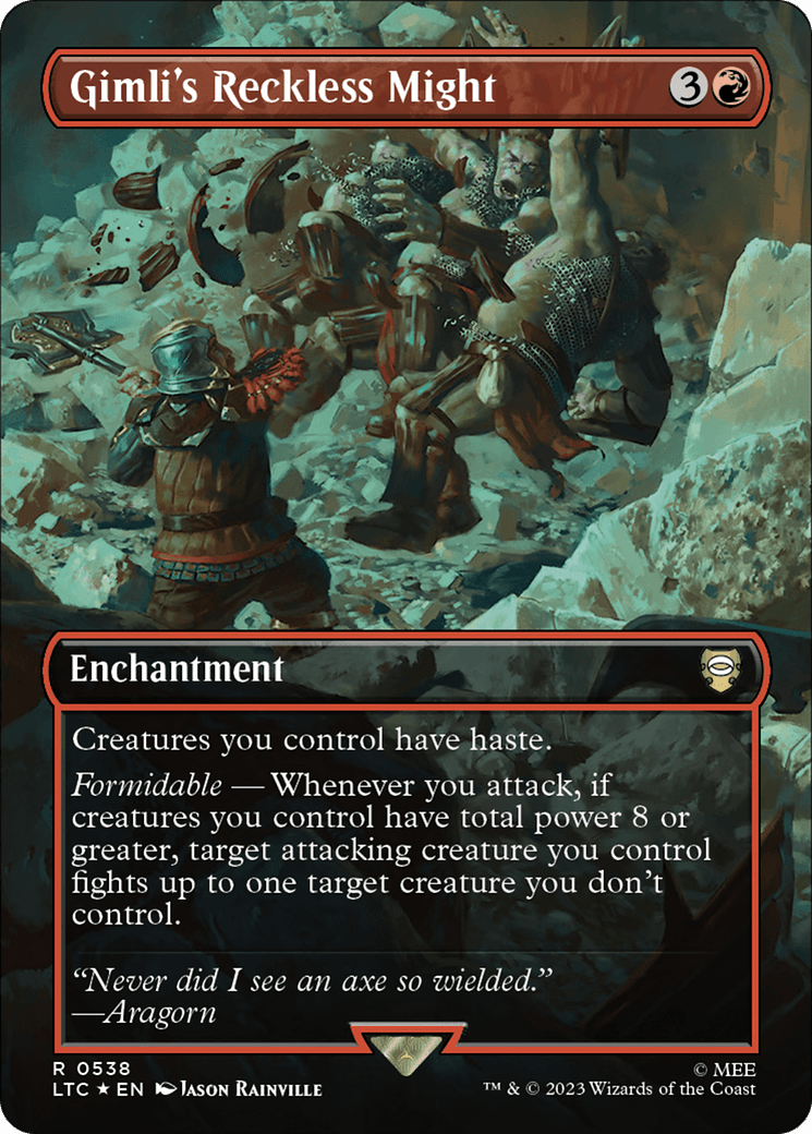Gimli's Reckless Might (Borderless) (Surge Foil) [The Lord of the Rings: Tales of Middle-Earth Commander] MTG Single Magic: The Gathering  | Multizone: Comics And Games