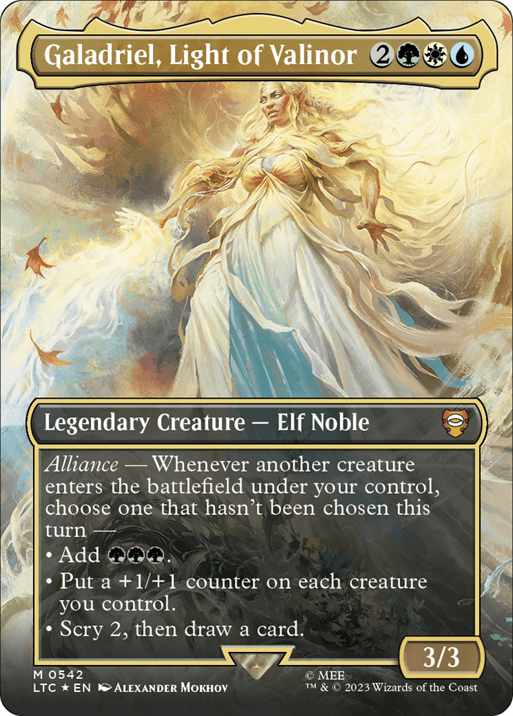 Galadriel, Light of Valinor (Borderless) (Surge Foil) [The Lord of the Rings: Tales of Middle-Earth Commander] MTG Single Magic: The Gathering  | Multizone: Comics And Games