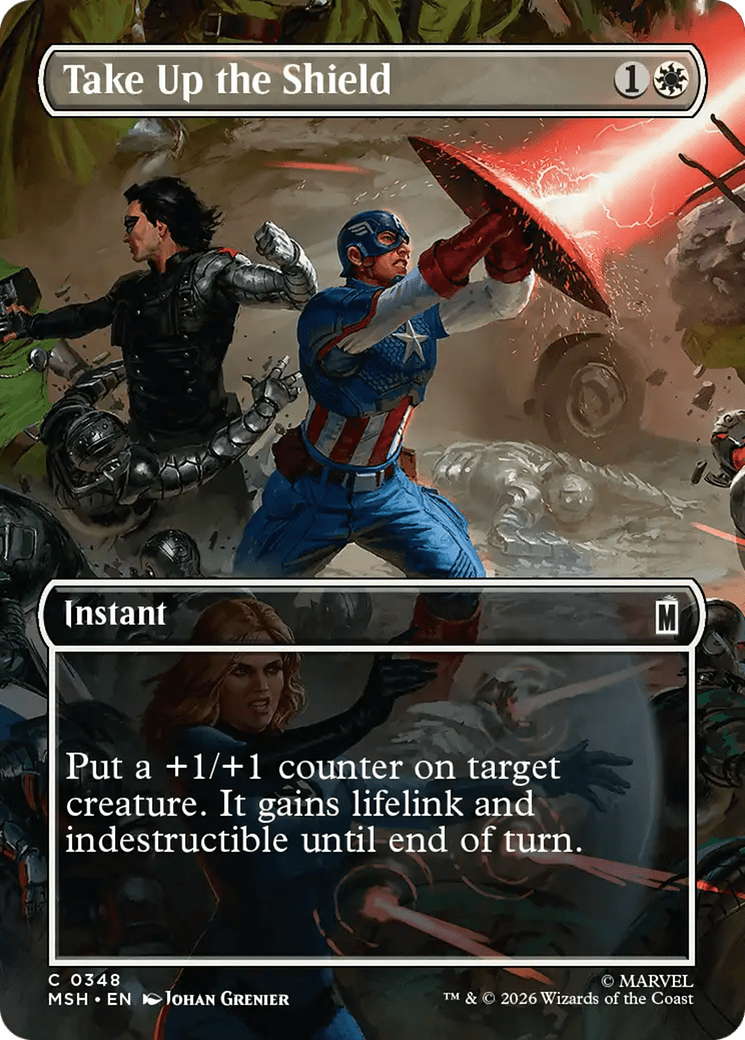 Take Up the Shield (Borderless) [Marvel Super Heroes] MTG Single Magic: The Gathering  | Multizone: Comics And Games