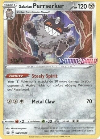 Galarian Perrserker (SWSH008) (Staff Prerelease Promo) [Sword & Shield: Black Star Promos] Pokemon Single Pokémon  | Multizone: Comics And Games