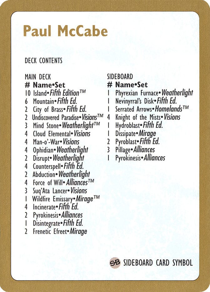 Paul McCabe Decklist [World Championship Decks 1997] MTG Single Magic: The Gathering  | Multizone: Comics And Games