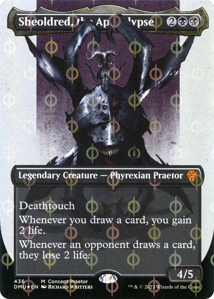 Sheoldred, the Apocalypse (Borderless Concept Praetors Step-and-Compleat Foil) [Phyrexia: All Will Be One] MTG Single Magic: The Gathering  | Multizone: Comics And Games