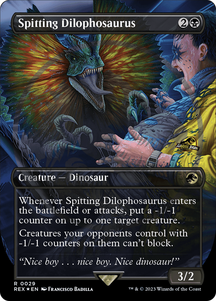 Spitting Dilophosaurus Emblem (Borderless) [Jurassic World Collection Tokens] MTG Single Magic: The Gathering  | Multizone: Comics And Games