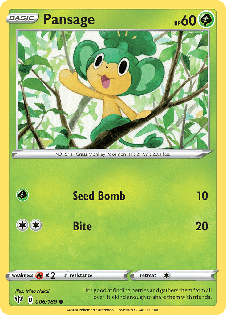 Pansage (006/189) [Sword & Shield: Darkness Ablaze] Pokemon Single Pokémon  | Multizone: Comics And Games