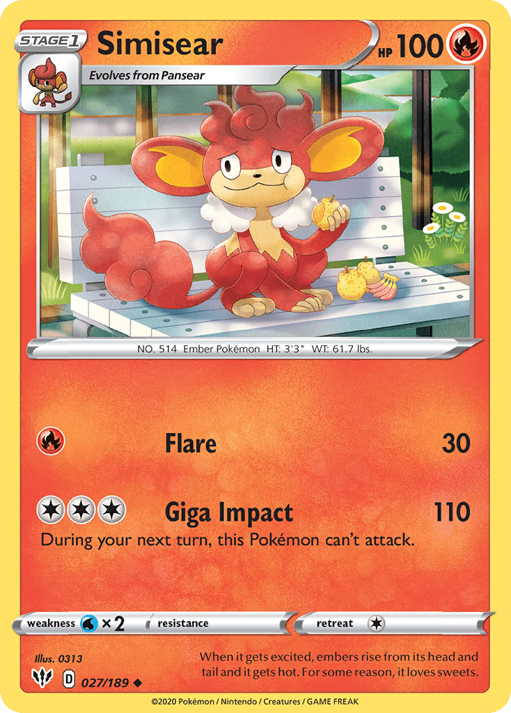 Simisear (027/189) [Sword & Shield: Darkness Ablaze] Pokemon Single Pokémon  | Multizone: Comics And Games