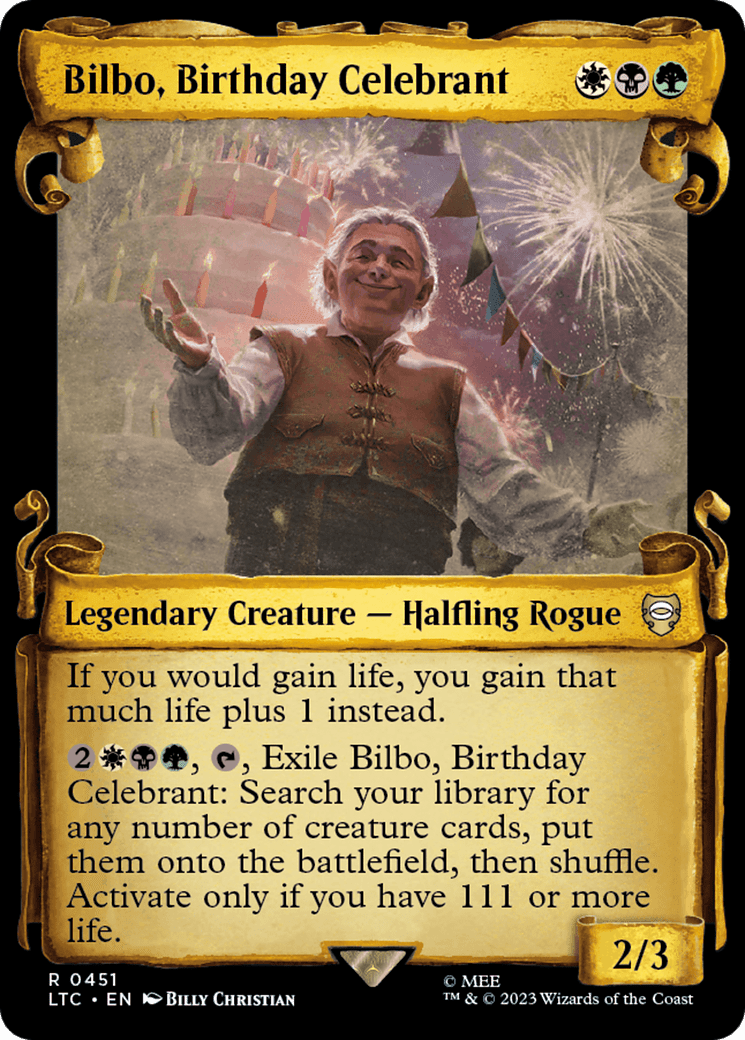 Bilbo, Birthday Celebrant [The Lord of the Rings: Tales of Middle-Earth Commander Showcase Scrolls] MTG Single Magic: The Gathering  | Multizone: Comics And Games