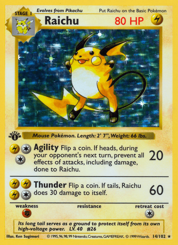 Raichu (14/102) (Shadowless) [Base Set 1st Edition] Pokemon Single Pokémon  | Multizone: Comics And Games