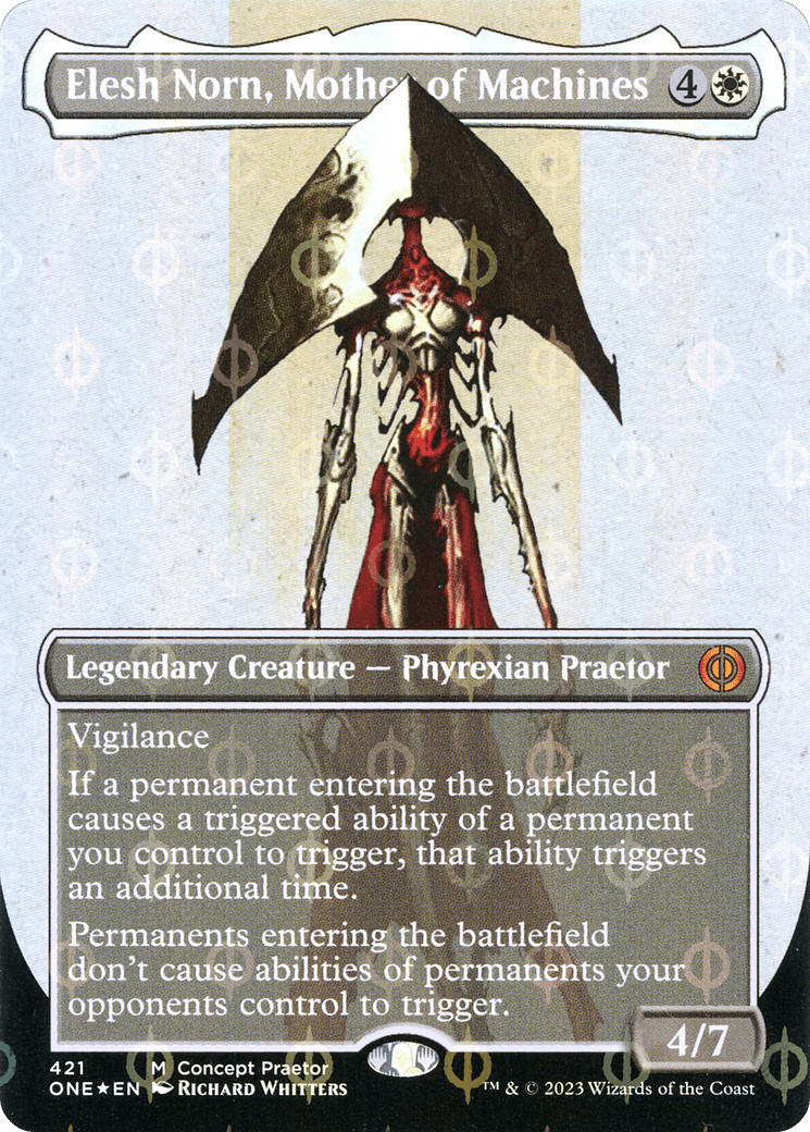Elesh Norn, Mother of Machines (Borderless Concept Praetors Step-and-Compleat Foil) [Phyrexia: All Will Be One] MTG Single Magic: The Gathering  | Multizone: Comics And Games