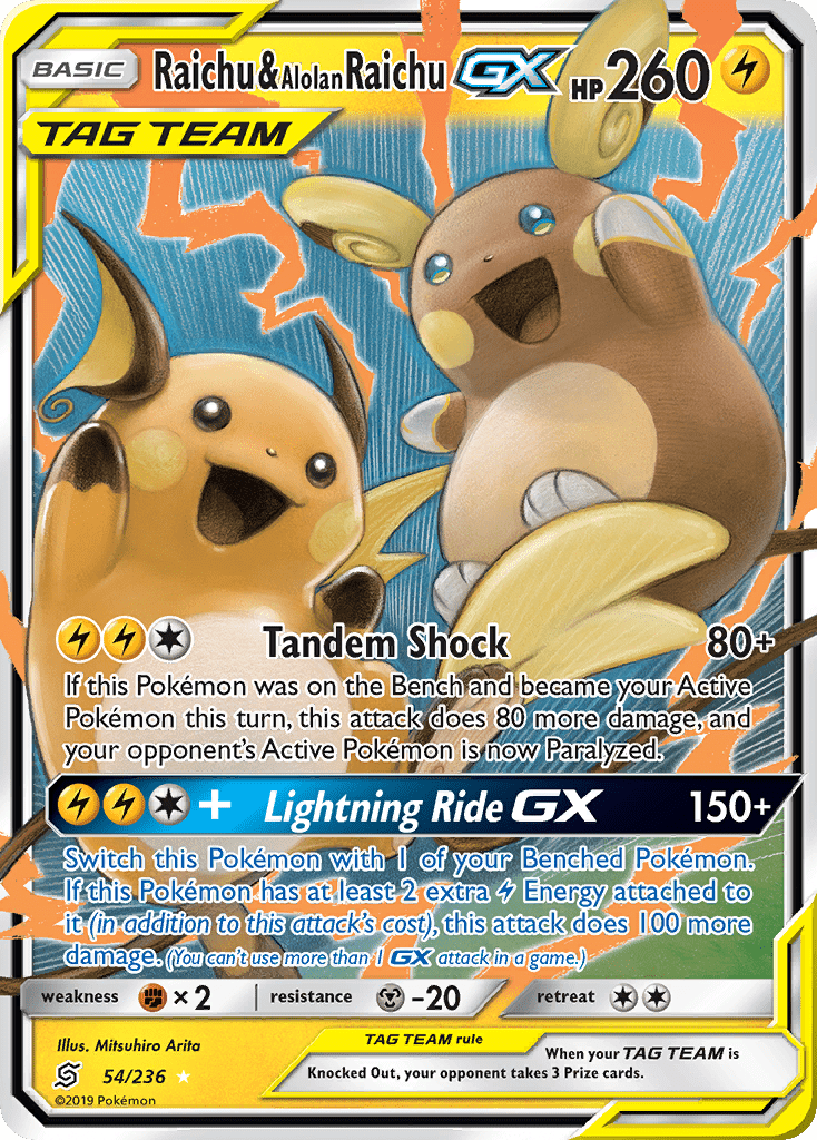 Raichu & Alolan Raichu GX (54/236) [Sun & Moon: Unified Minds] Pokemon Single Pokémon  | Multizone: Comics And Games