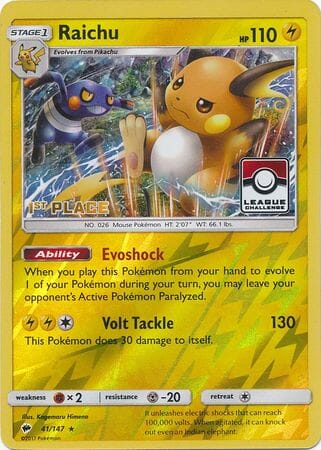 Raichu (41/147) (League Promo 1st Place) [Sun & Moon: Burning Shadows] Pokemon Single Pokémon  | Multizone: Comics And Games