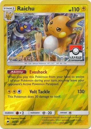 Raichu (41/147) (League Promo 4th Place) [Sun & Moon: Burning Shadows] Pokemon Single Pokémon  | Multizone: Comics And Games