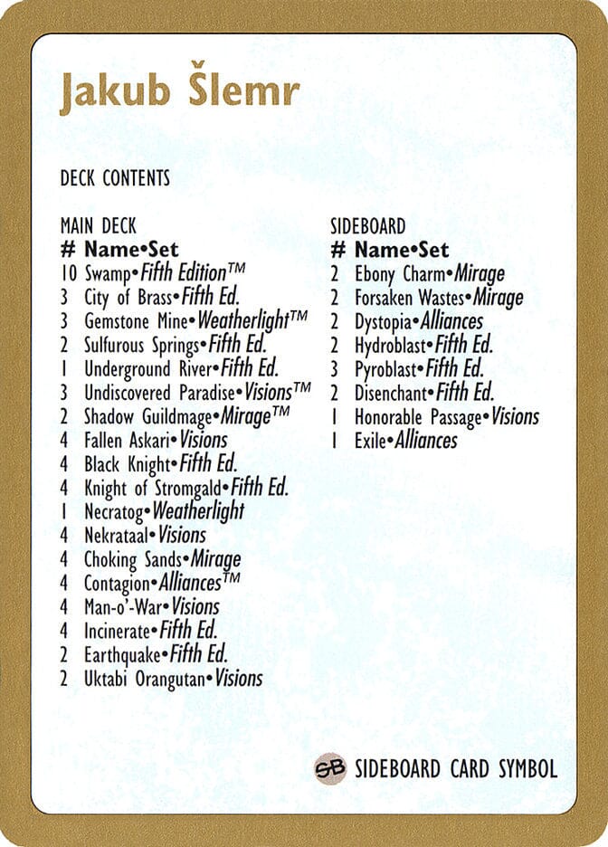 Jakub Šlemr Decklist [World Championship Decks 1997] MTG Single Magic: The Gathering  | Multizone: Comics And Games
