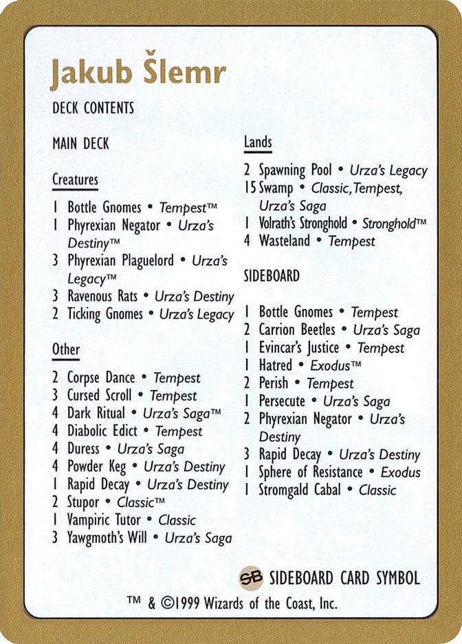 Jakub Šlemr Decklist [World Championship Decks 1999] MTG Single Magic: The Gathering  | Multizone: Comics And Games