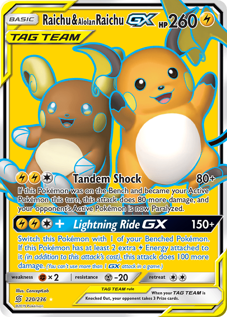 Raichu & Alolan Raichu GX (220/236) [Sun & Moon: Unified Minds] Pokemon Single Pokémon  | Multizone: Comics And Games