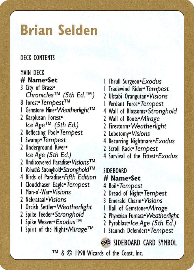 Brian Selden Decklist [World Championship Decks 1998] MTG Single Magic: The Gathering  | Multizone: Comics And Games