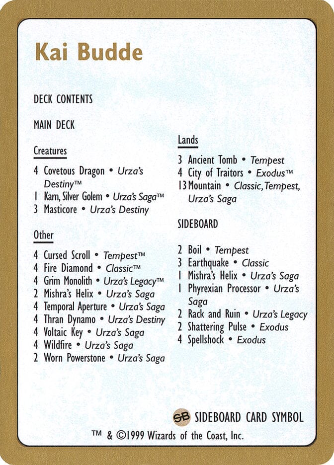 Kai Budde Decklist [World Championship Decks 1999] MTG Single Magic: The Gathering  | Multizone: Comics And Games