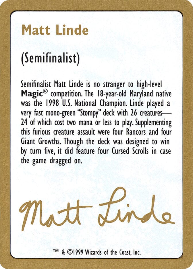 Matt Linde Bio [World Championship Decks 1999] MTG Single Magic: The Gathering  | Multizone: Comics And Games
