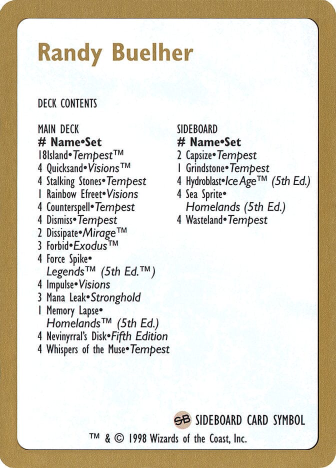 Randy Buehler Decklist [World Championship Decks 1998] MTG Single Magic: The Gathering  | Multizone: Comics And Games